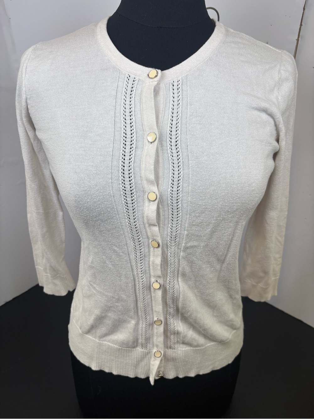 New York & Company Cream Eyelet-Trim Button Cardigan